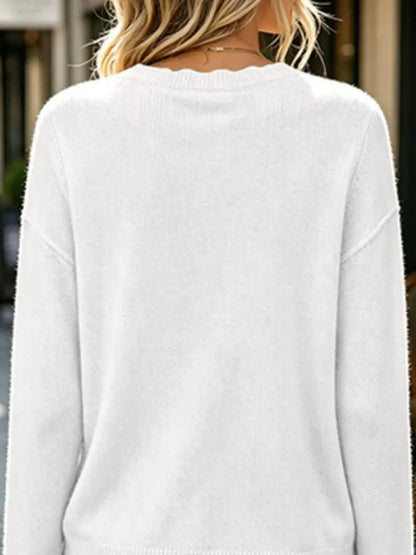 Full Size Scalloped Trim Crew Neck Sweater Plus Size - Bitsy Gypsy Boutique