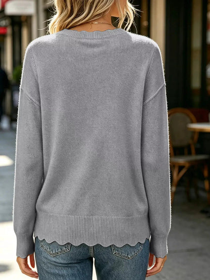 Full Size Scalloped Trim Crew Neck Sweater Plus Size - Bitsy Gypsy Boutique