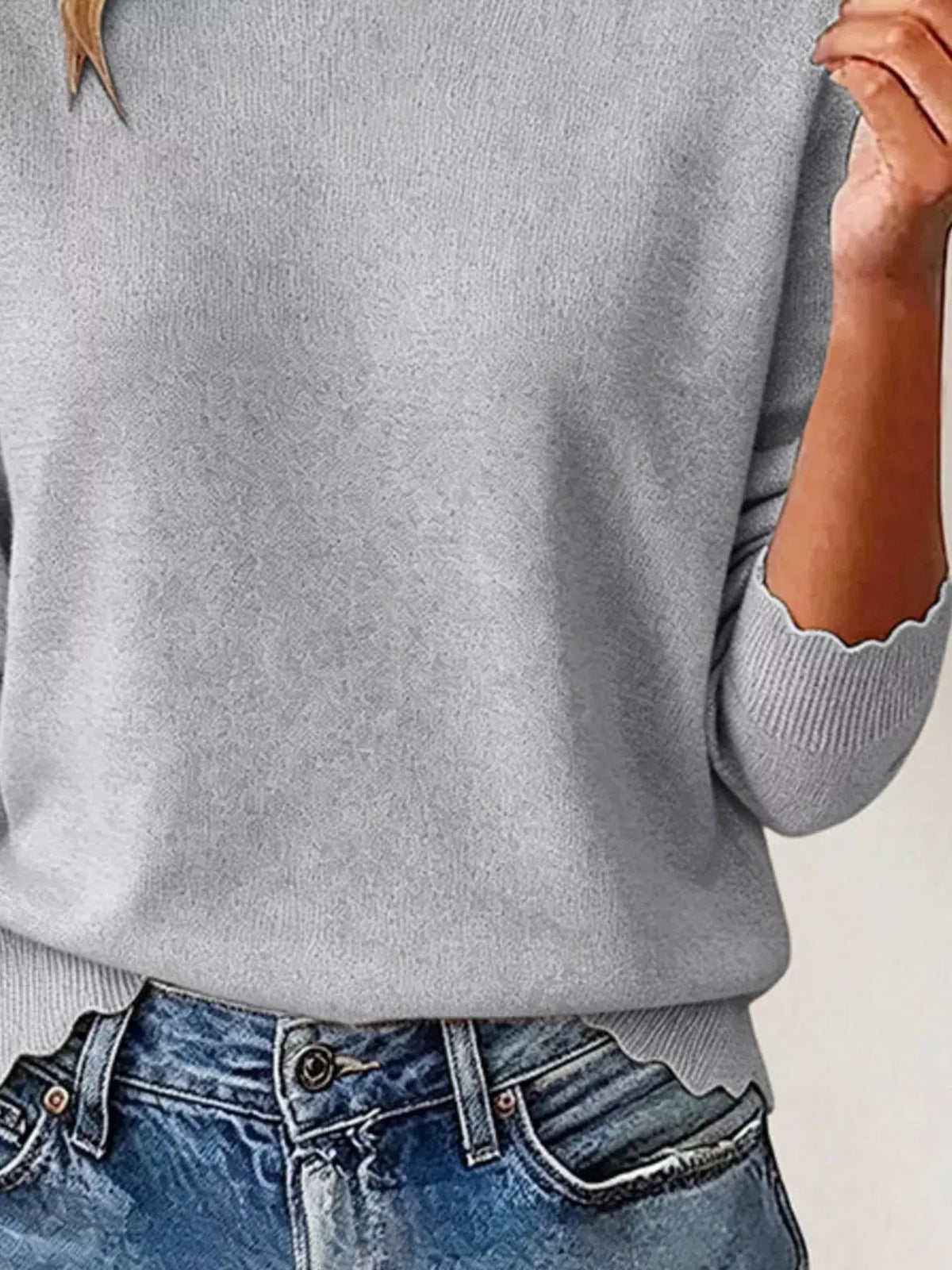 Full Size Scalloped Trim Crew Neck Sweater Plus Size - Bitsy Gypsy Boutique
