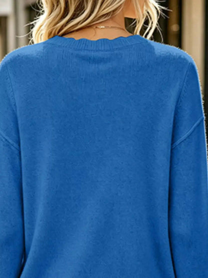 Full Size Scalloped Trim Crew Neck Sweater Plus Size - Bitsy Gypsy Boutique