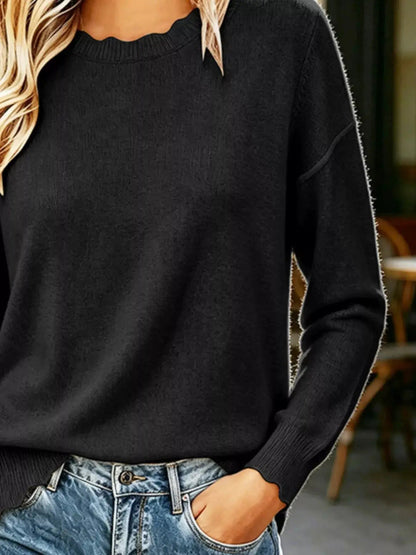 Full Size Scalloped Trim Crew Neck Sweater Plus Size - Bitsy Gypsy Boutique