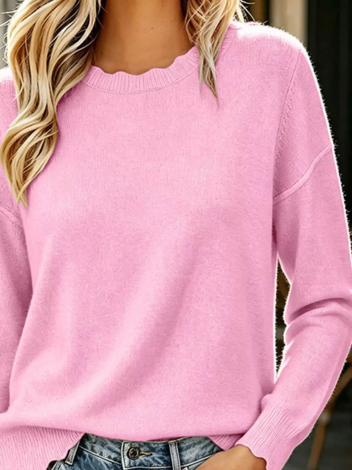 Full Size Scalloped Trim Crew Neck Sweater Plus Size - Bitsy Gypsy Boutique