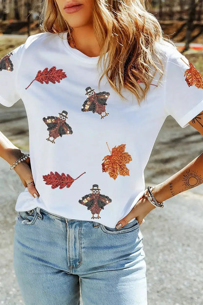 Full Size Sequin Autumn Leaf Thanksgiving Turkey T Shirt Plus Size - Bitsy Gypsy Boutique