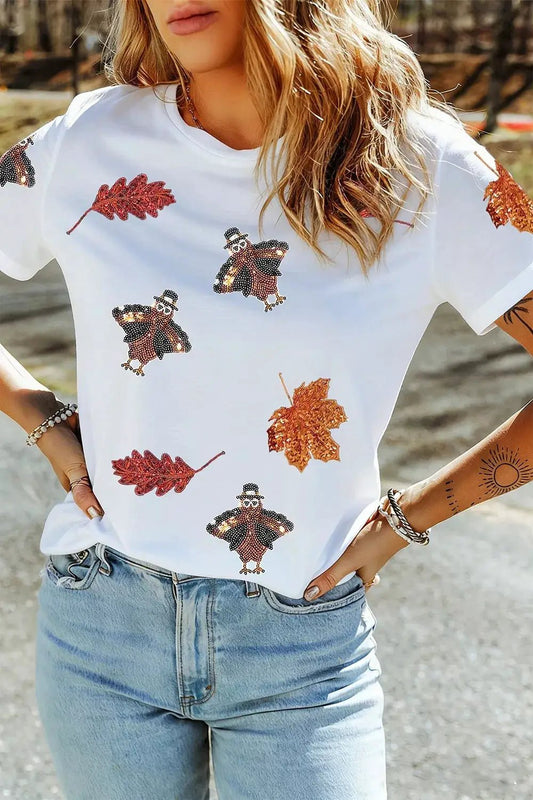 Full Size Sequin Autumn Leaf Thanksgiving Turkey T Shirt Plus Size - Bitsy Gypsy Boutique