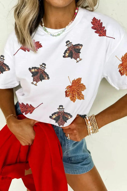 Full Size Sequin Autumn Leaf Thanksgiving Turkey T Shirt Plus Size - Bitsy Gypsy Boutique