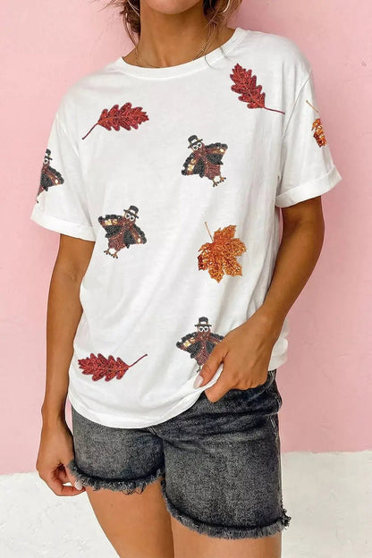 Full Size Sequin Autumn Leaf Thanksgiving Turkey T Shirt Plus Size - Bitsy Gypsy Boutique