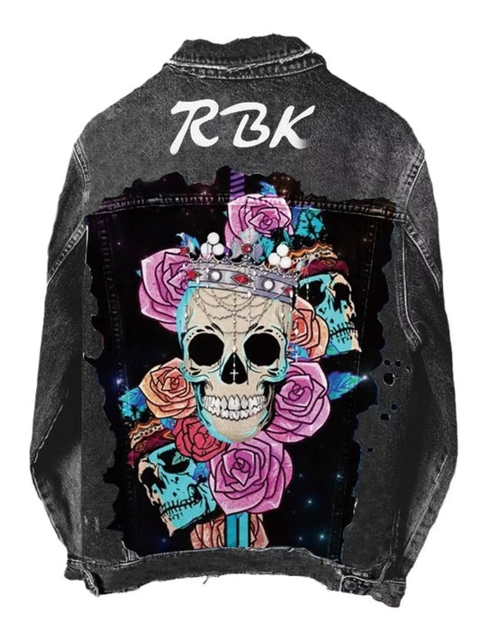 Full Size Skull and Rose Graphic Denim Jacket Plus Size - Bitsy Gypsy Boutique