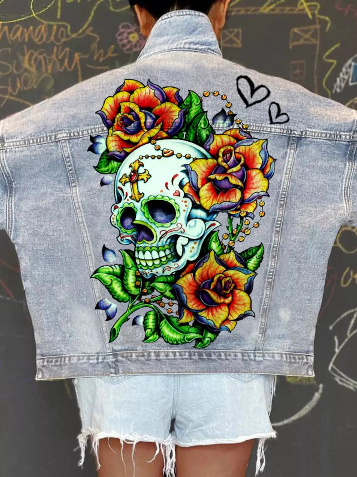 Full Size Skull Graphic Button Up Denim Jacket Plus Size - Bitsy Gypsy Boutique