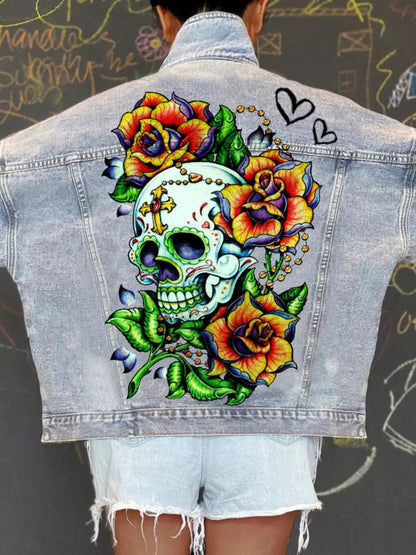 Full Size Skull Graphic Button Up Denim Jacket Plus Size - Bitsy Gypsy Boutique