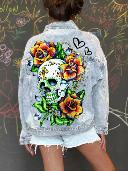 Full Size Skull Graphic Button Up Denim Jacket Plus Size - Bitsy Gypsy Boutique