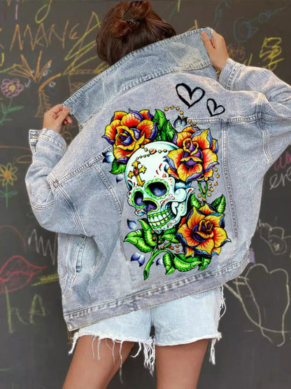 Full Size Skull Graphic Button Up Denim Jacket Plus Size - Bitsy Gypsy Boutique