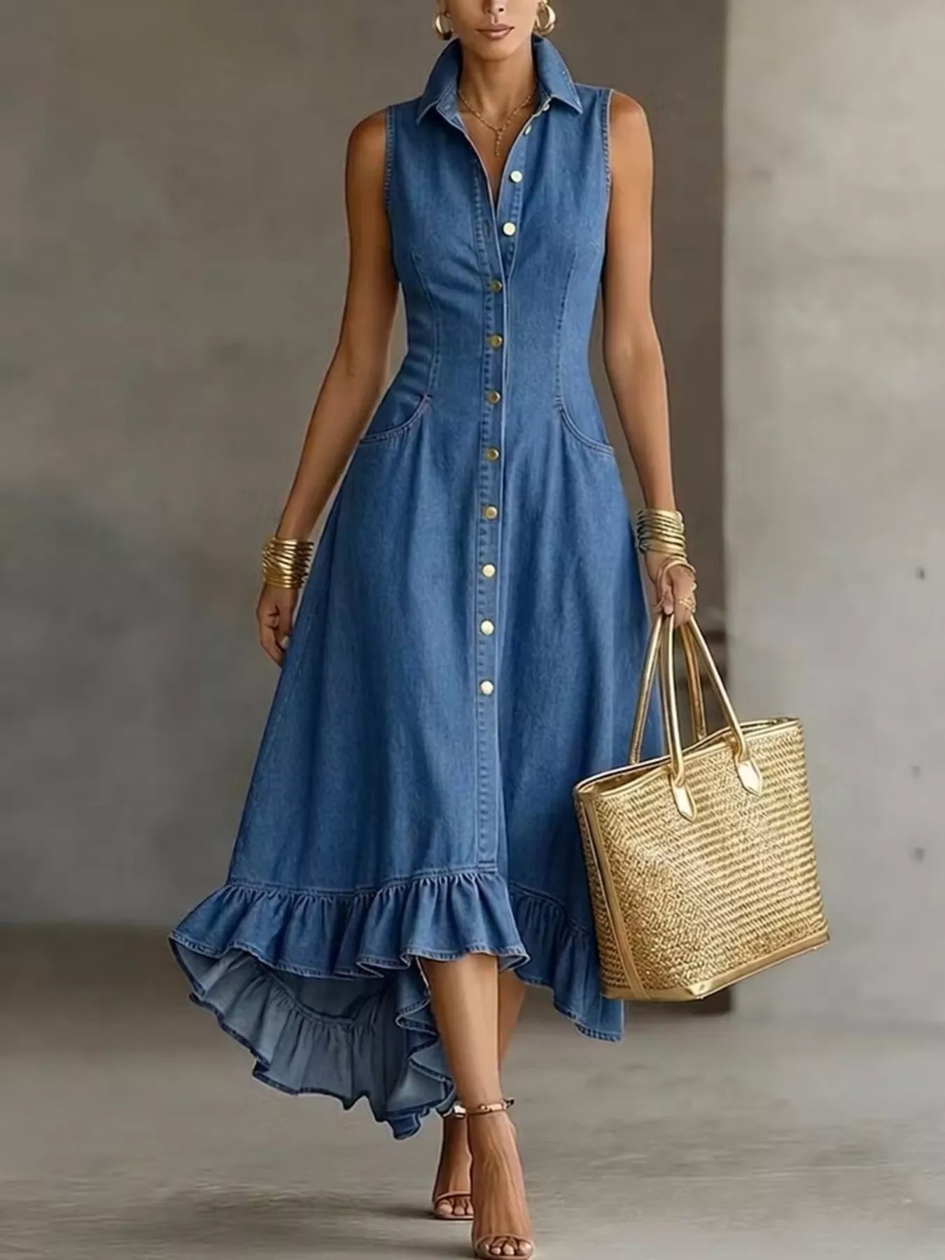 Full Size Sleeveless Ruffled Hem Denim Dress Plus Size - Bitsy Gypsy Boutique