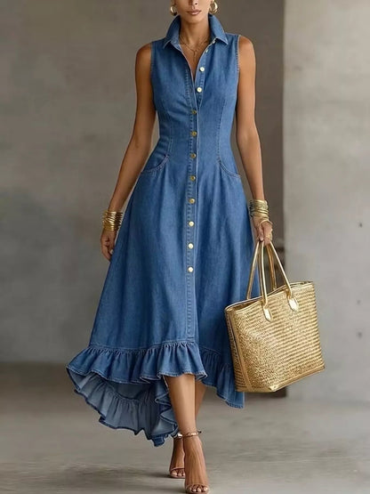Full Size Sleeveless Ruffled Hem Denim Dress Plus Size - Bitsy Gypsy Boutique