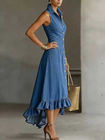 Full Size Sleeveless Ruffled Hem Denim Dress Plus Size - Bitsy Gypsy Boutique