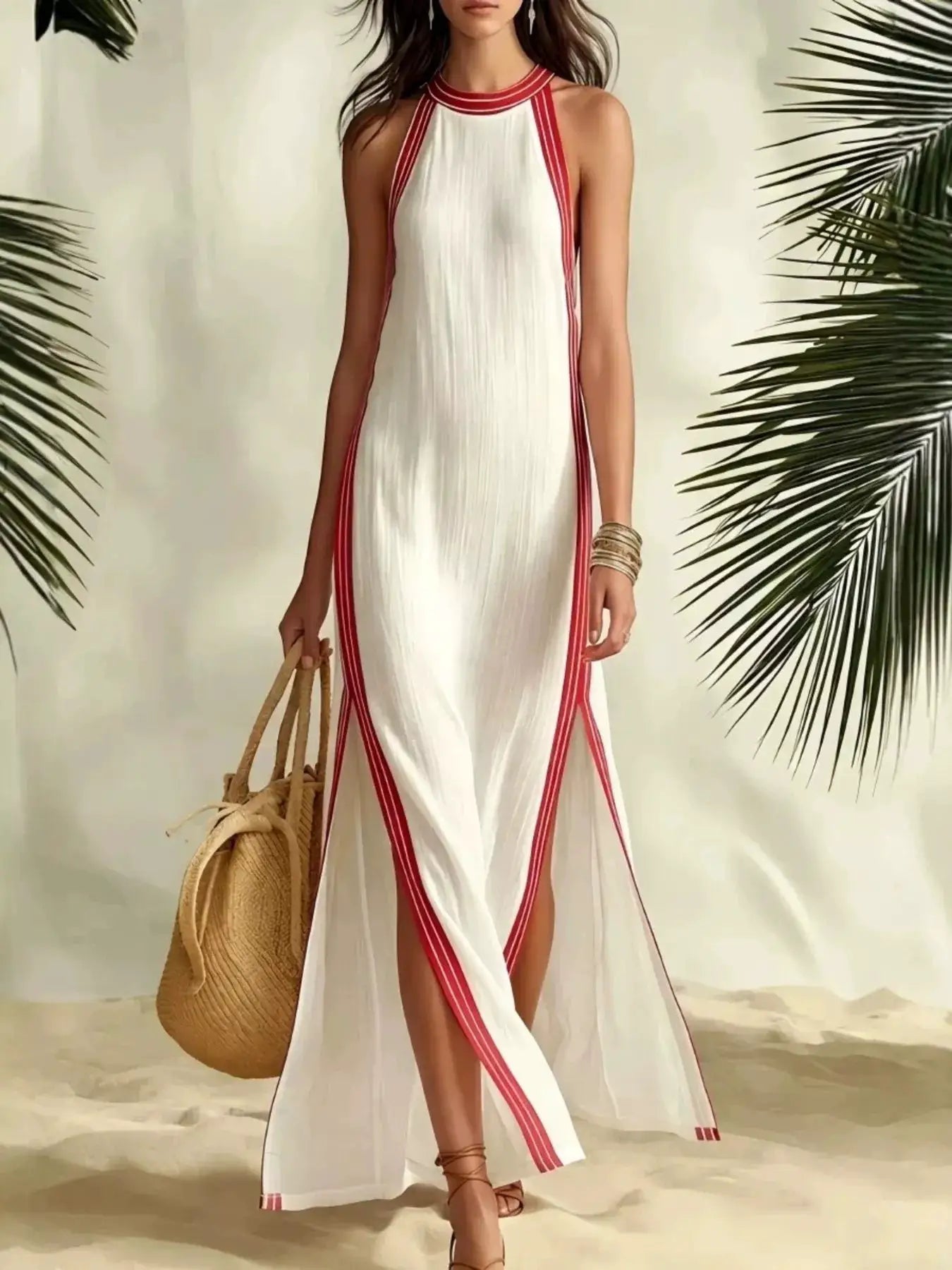 Full Size Slit Striped Sleeveless Maxi Dress Plus Size by Trendsi
