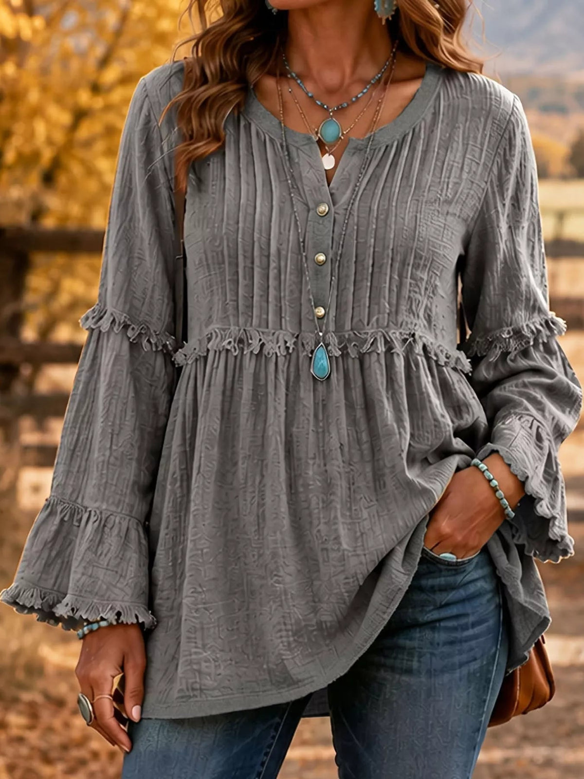 Full Size Snap Down Long Sleeve Blouse Plus Size - Bitsy Gypsy Boutique