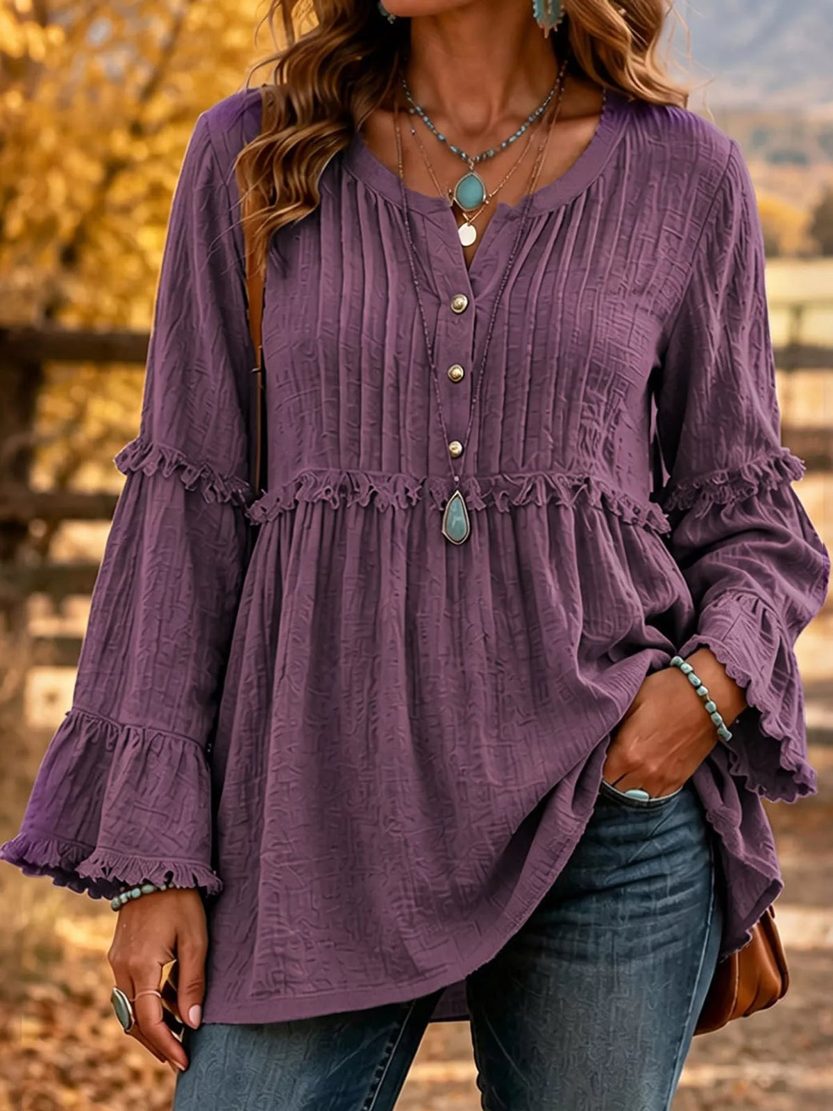 Full Size Snap Down Long Sleeve Blouse Plus Size - Bitsy Gypsy Boutique