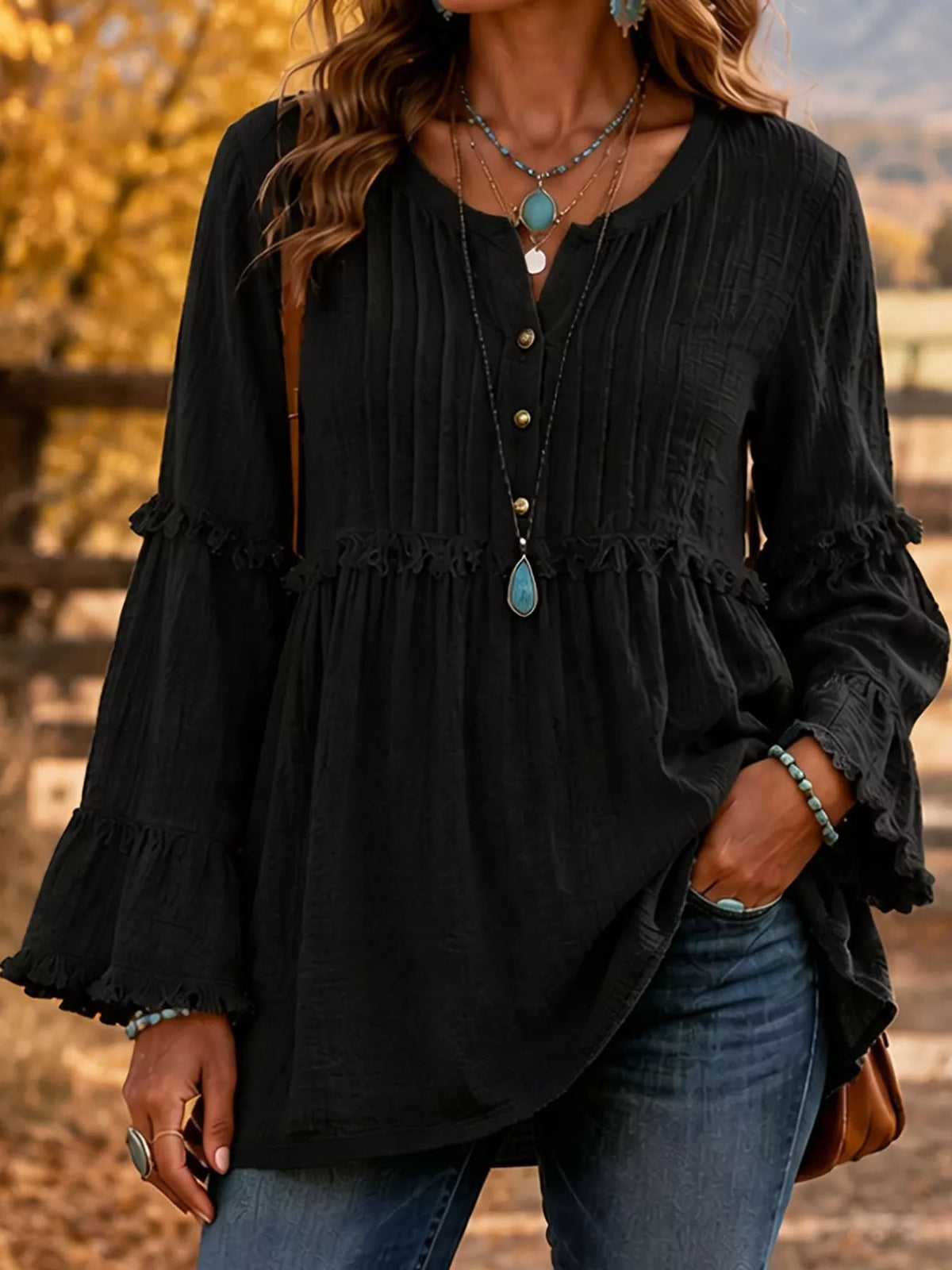 Full Size Snap Down Long Sleeve Blouse Plus Size - Bitsy Gypsy Boutique