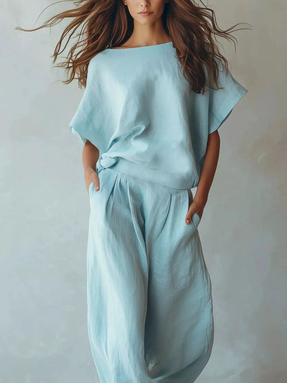 Full Size Solid Color Top and Wide-Leg Pants Set Plus Size - Bitsy Gypsy Boutique