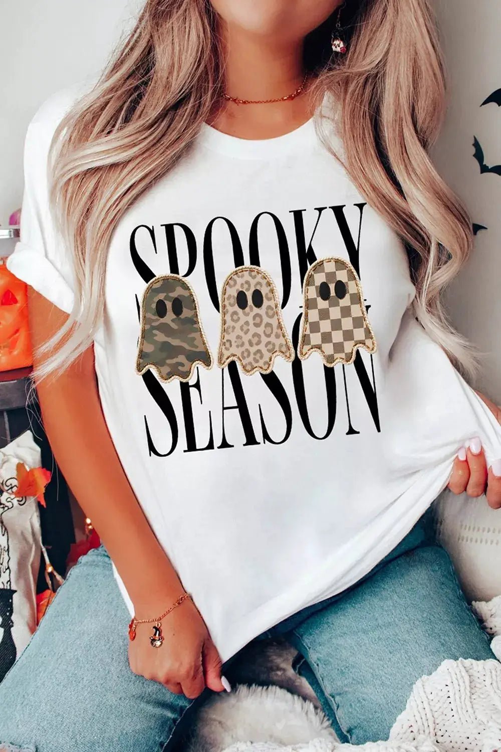 Full Size Spooky Season Ghosts Graphic Short Sleeve Halloween T Shirt Plus Size - Bitsy Gypsy Boutique