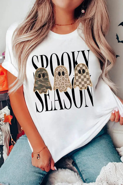 Full Size Spooky Season Ghosts Graphic Short Sleeve Halloween T Shirt Plus Size - Bitsy Gypsy Boutique