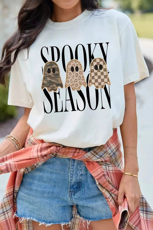 Full Size Spooky Season Ghosts Graphic Short Sleeve Halloween T Shirt Plus Size - Bitsy Gypsy Boutique