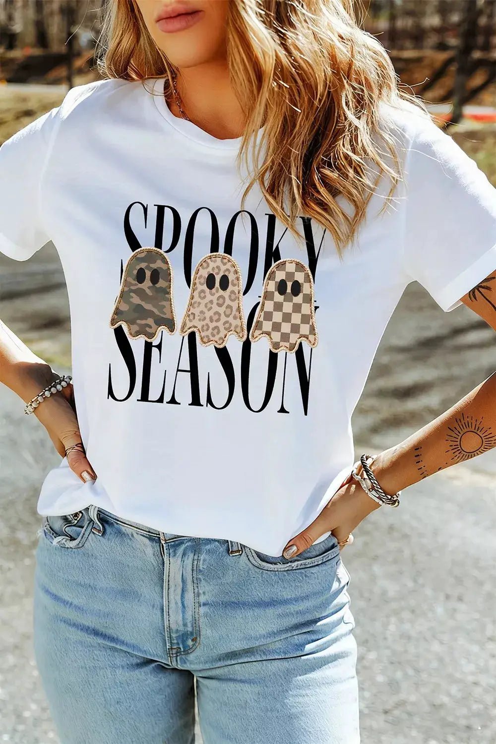 Full Size Spooky Season Ghosts Graphic Short Sleeve Halloween T Shirt Plus Size - Bitsy Gypsy Boutique