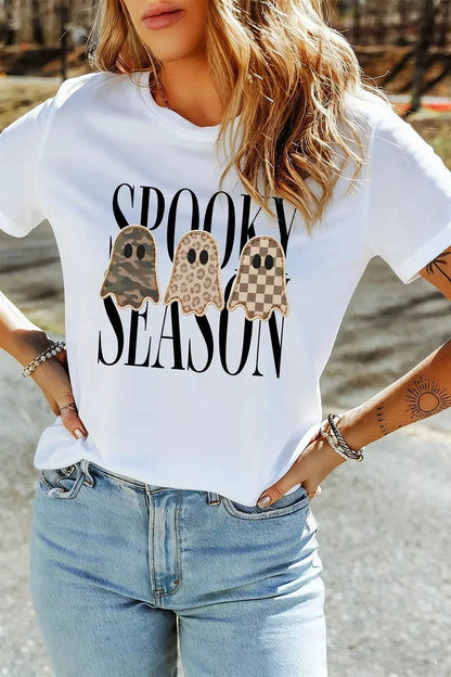 Full Size Spooky Season Ghosts Graphic Short Sleeve Halloween T Shirt Plus Size - Bitsy Gypsy Boutique