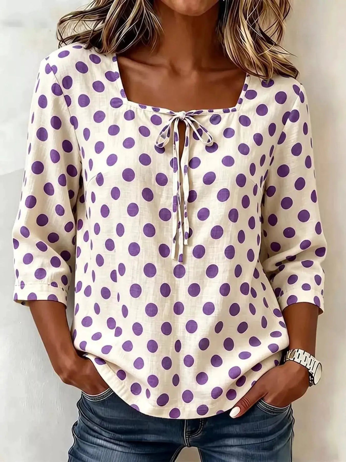 Full Size Square Neck Polka Dot Blouse Plus Size - Bitsy Gypsy Boutique