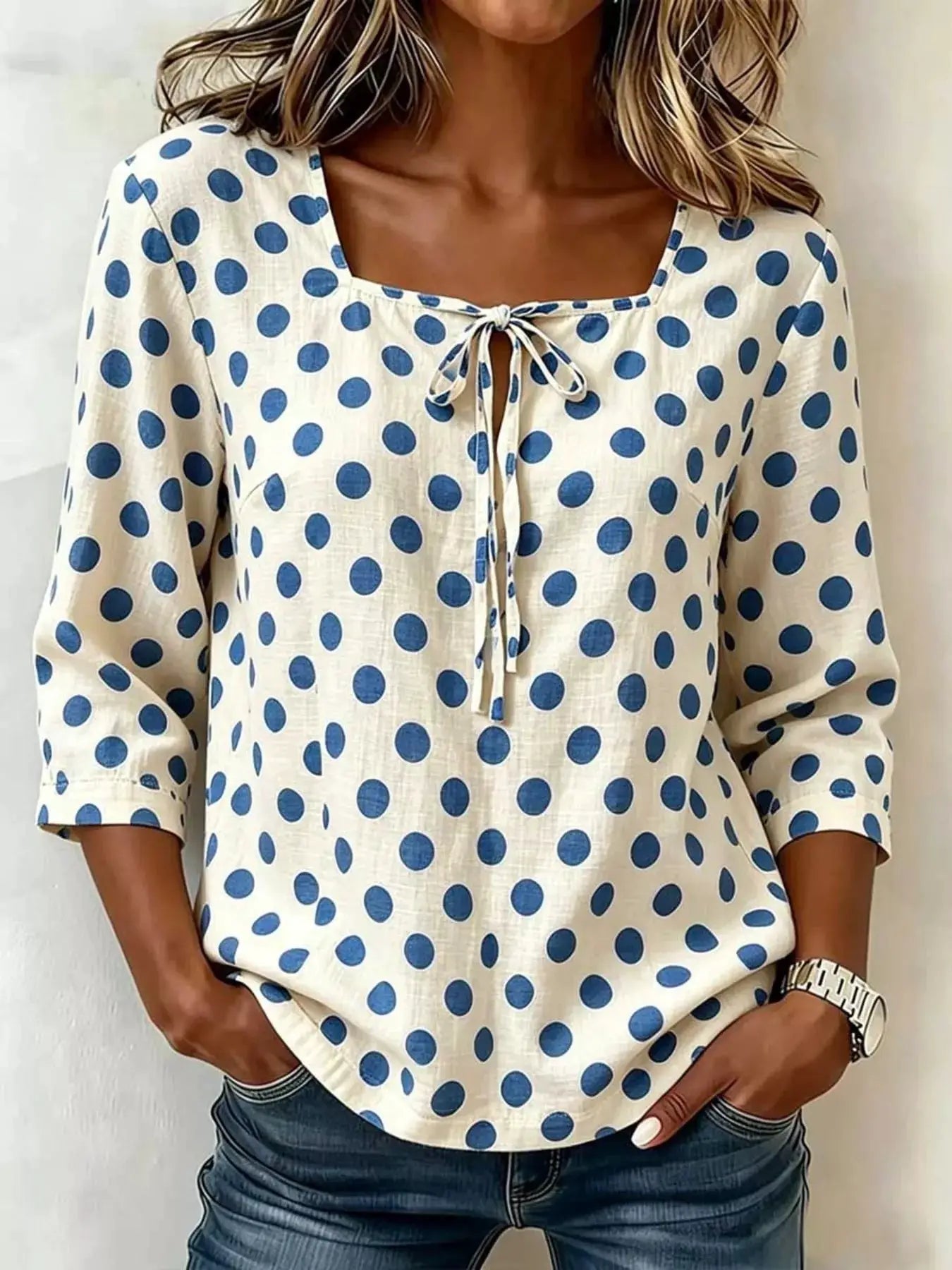 Full Size Square Neck Polka Dot Blouse Plus Size - Bitsy Gypsy Boutique