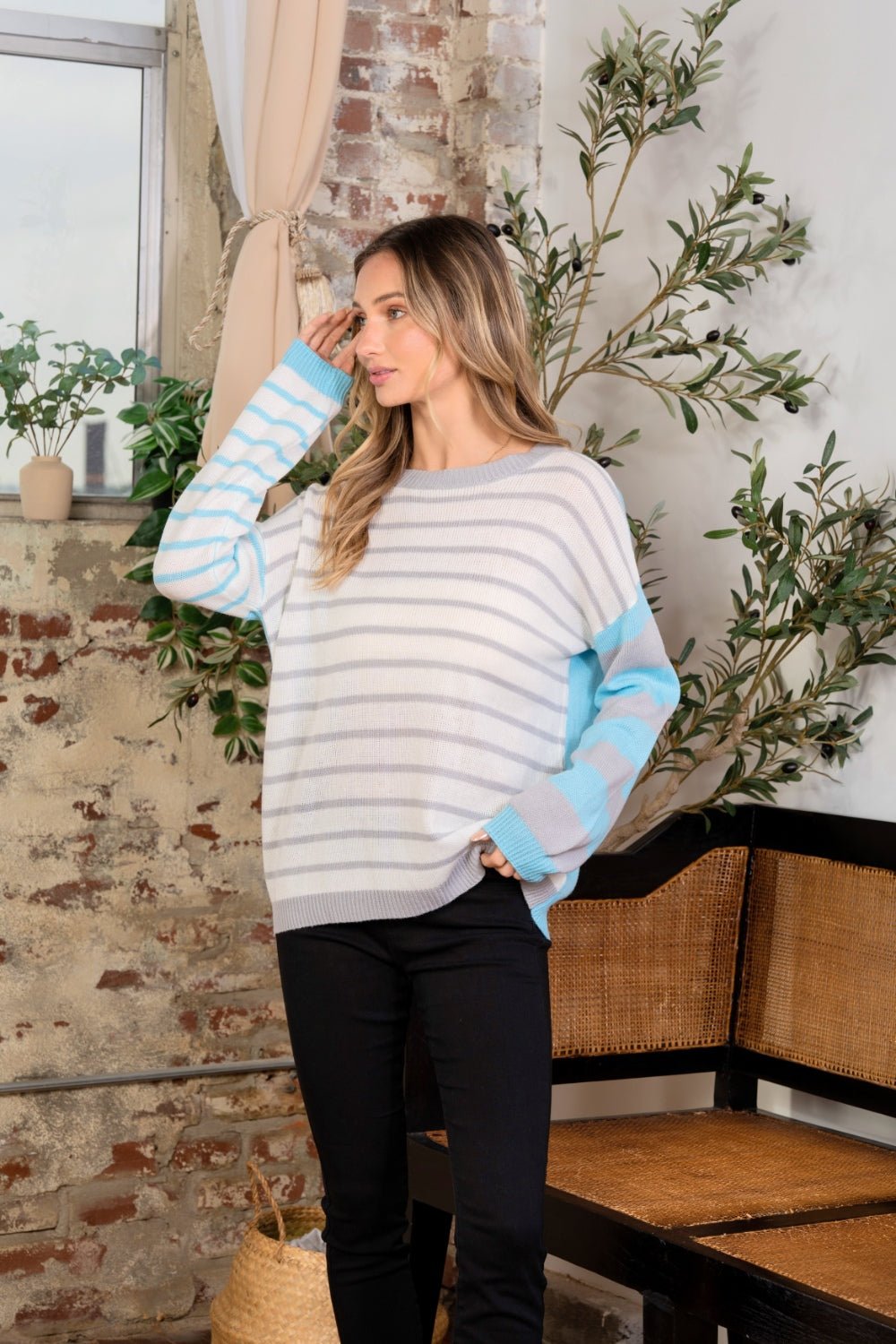 Full Size Striped Dropped Shoulder Sweater - Bitsy Gypsy Boutique