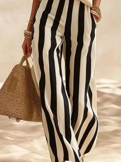 Full Size Striped Half Sleeve Top and Pants Set Plus Size - Bitsy Gypsy Boutique