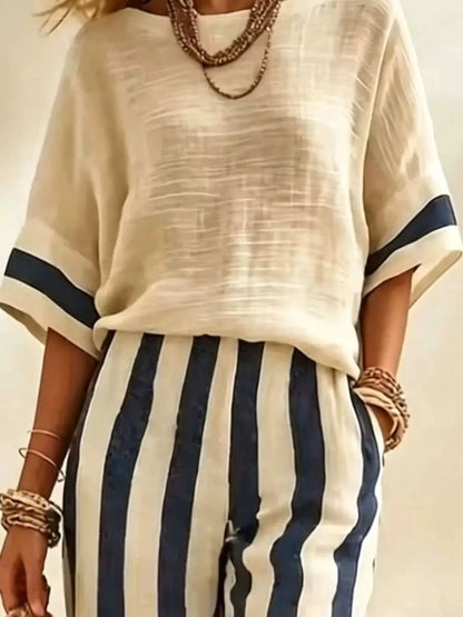 Full Size Striped Half Sleeve Top and Pants Set Plus Size - Bitsy Gypsy Boutique
