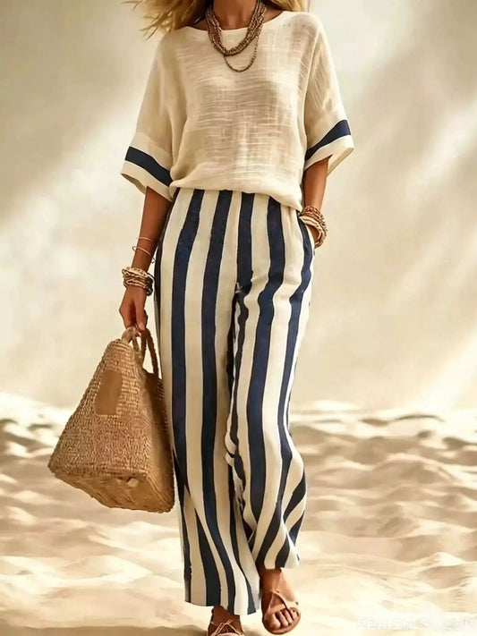 Full Size Striped Half Sleeve Top and Pants Set Plus Size - Bitsy Gypsy Boutique