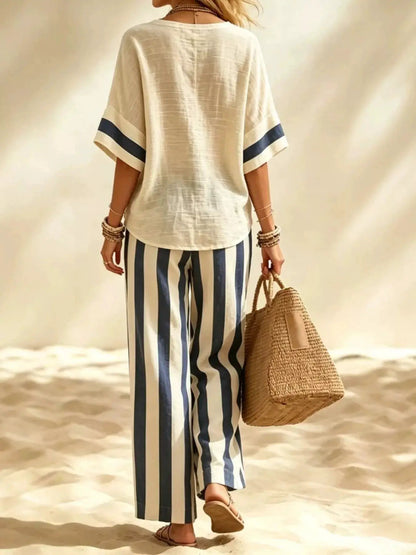 Full Size Striped Half Sleeve Top and Pants Set Plus Size - Bitsy Gypsy Boutique