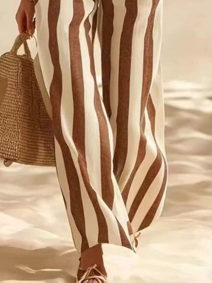 Full Size Striped Half Sleeve Top and Pants Set Plus Size - Bitsy Gypsy Boutique