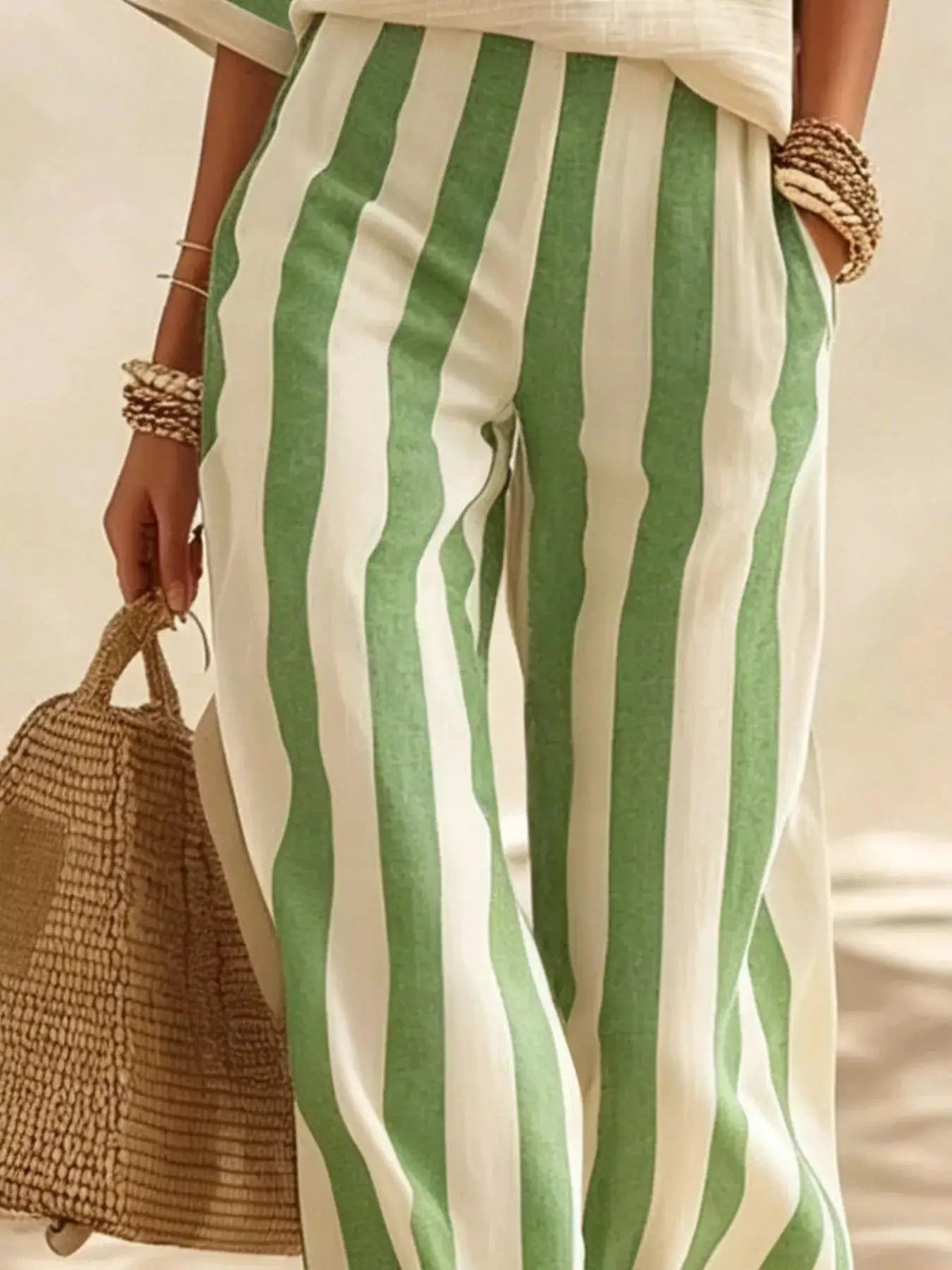 Full Size Striped Half Sleeve Top and Pants Set Plus Size - Bitsy Gypsy Boutique