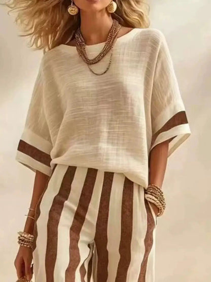 Full Size Striped Half Sleeve Top and Pants Set Plus Size - Bitsy Gypsy Boutique