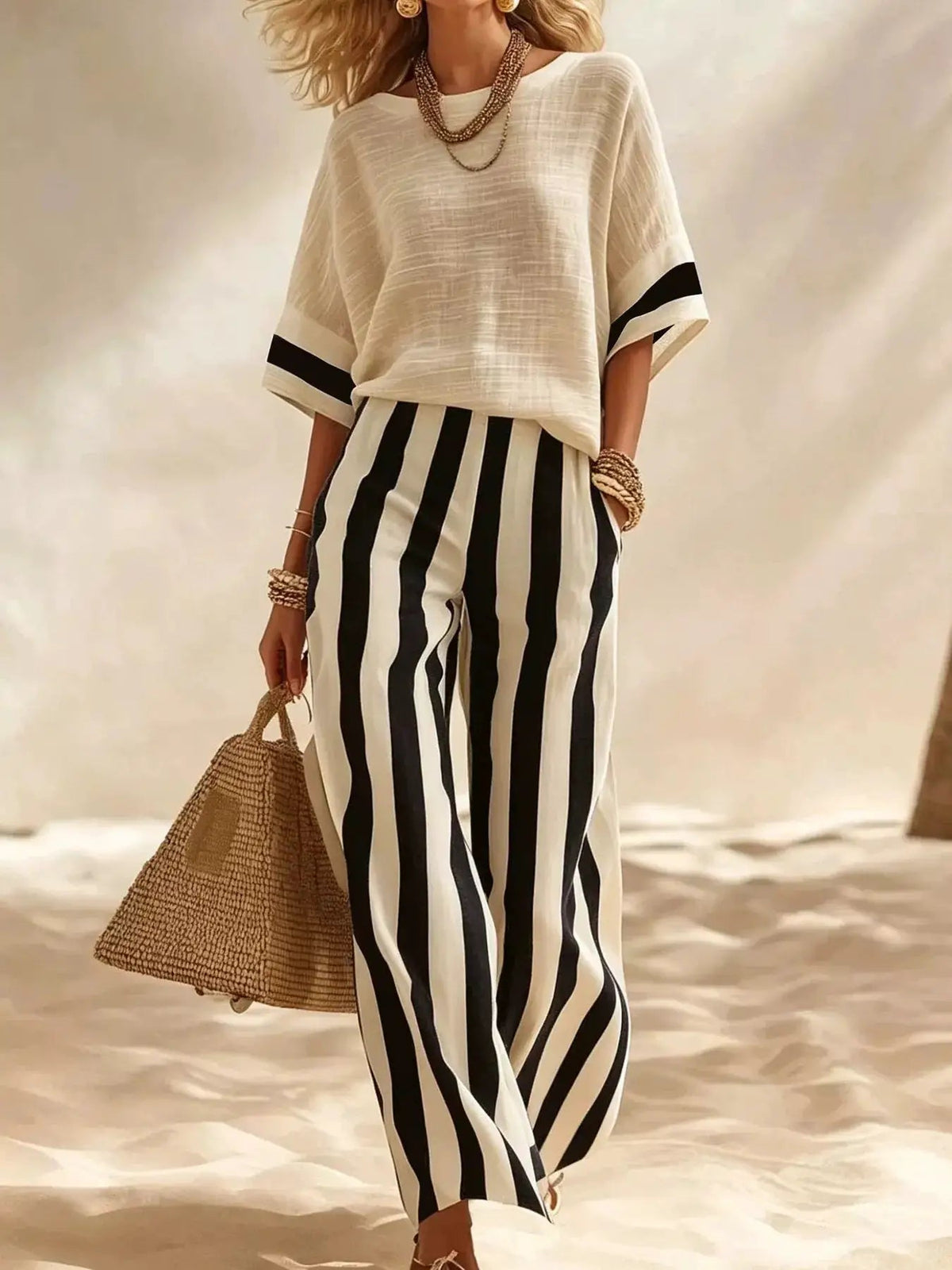 Full Size Striped Half Sleeve Top and Pants Set Plus Size - Bitsy Gypsy Boutique