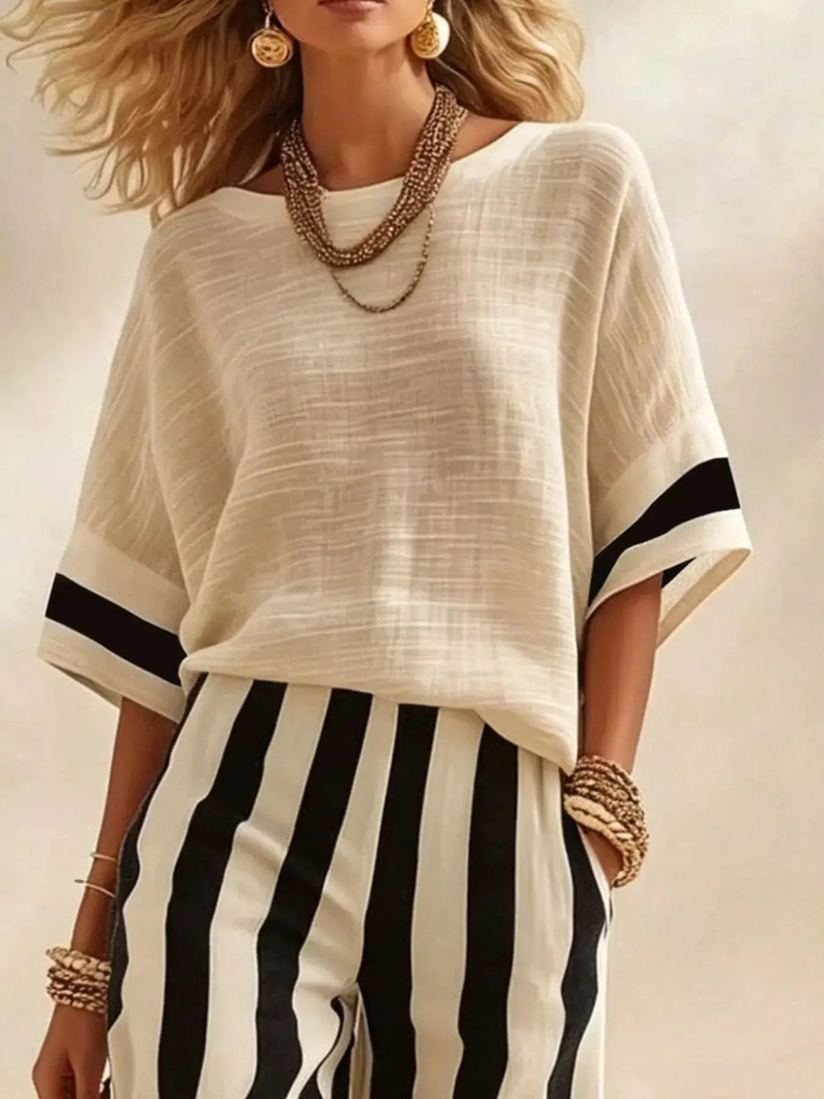 Full Size Striped Half Sleeve Top and Pants Set Plus Size - Bitsy Gypsy Boutique