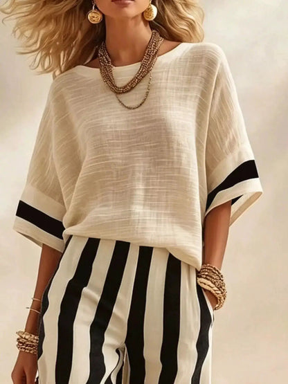 Full Size Striped Half Sleeve Top and Pants Set Plus Size - Bitsy Gypsy Boutique