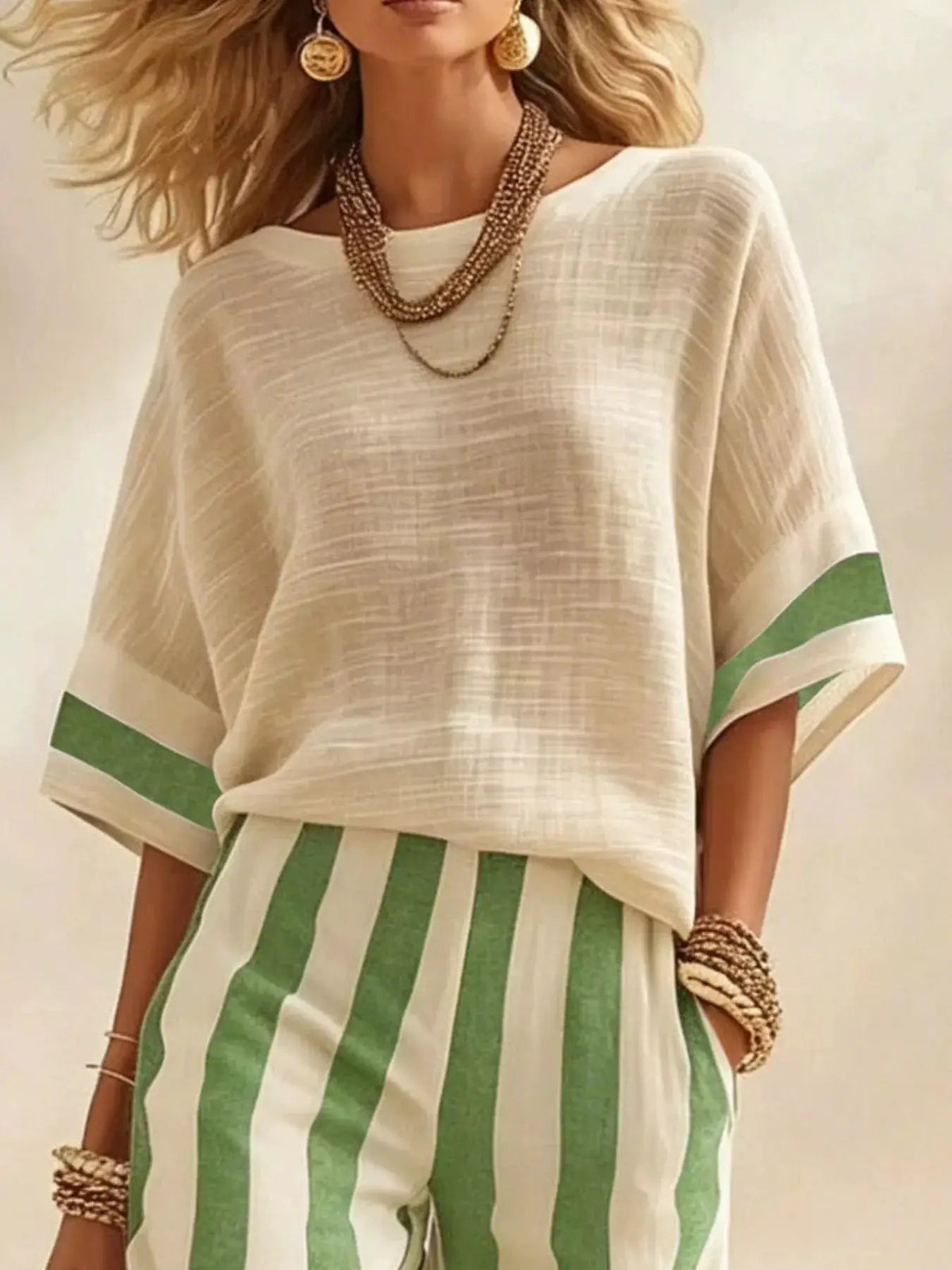 Full Size Striped Half Sleeve Top and Pants Set Plus Size - Bitsy Gypsy Boutique
