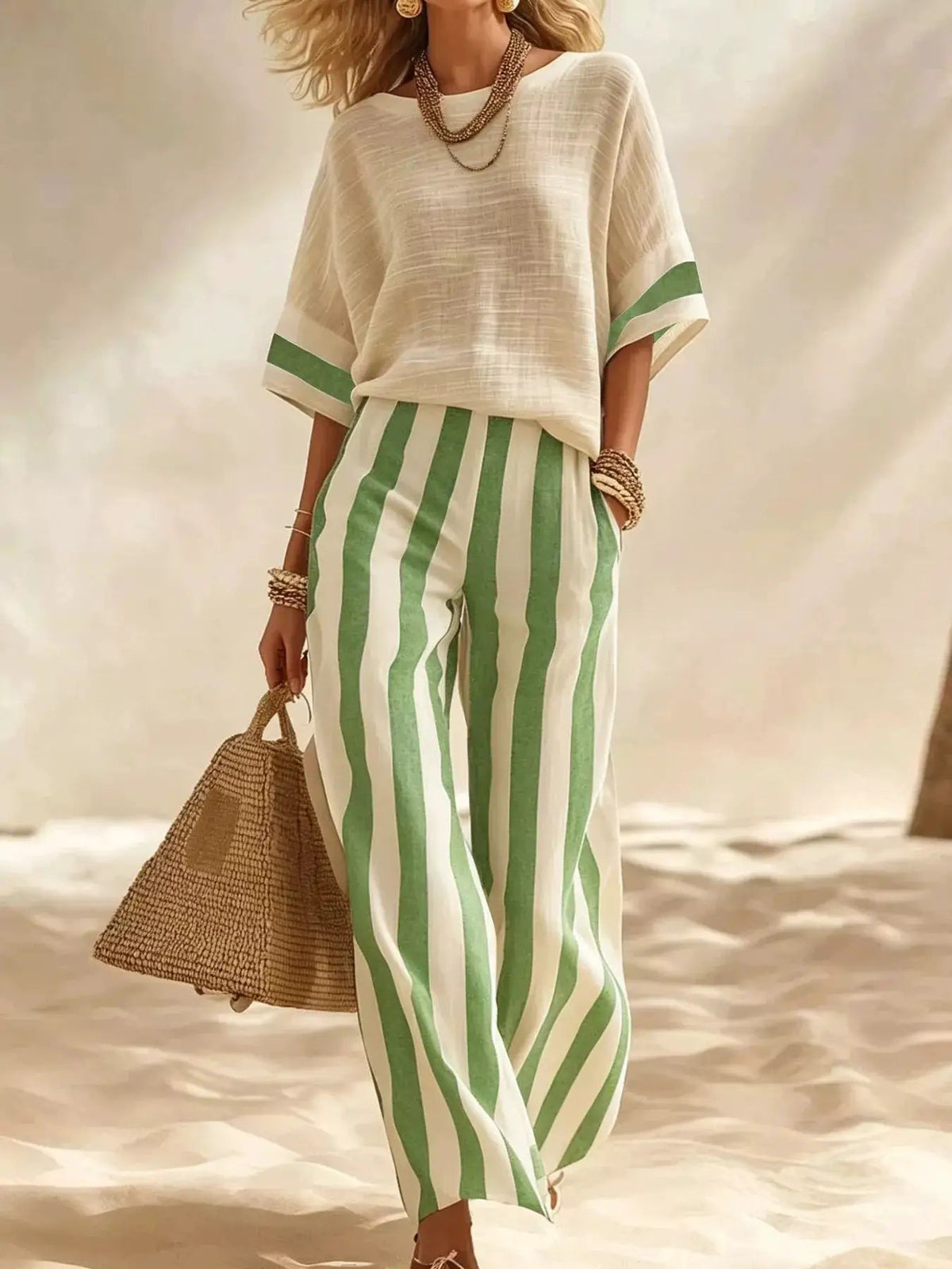 Full Size Striped Half Sleeve Top and Pants Set Plus Size - Bitsy Gypsy Boutique