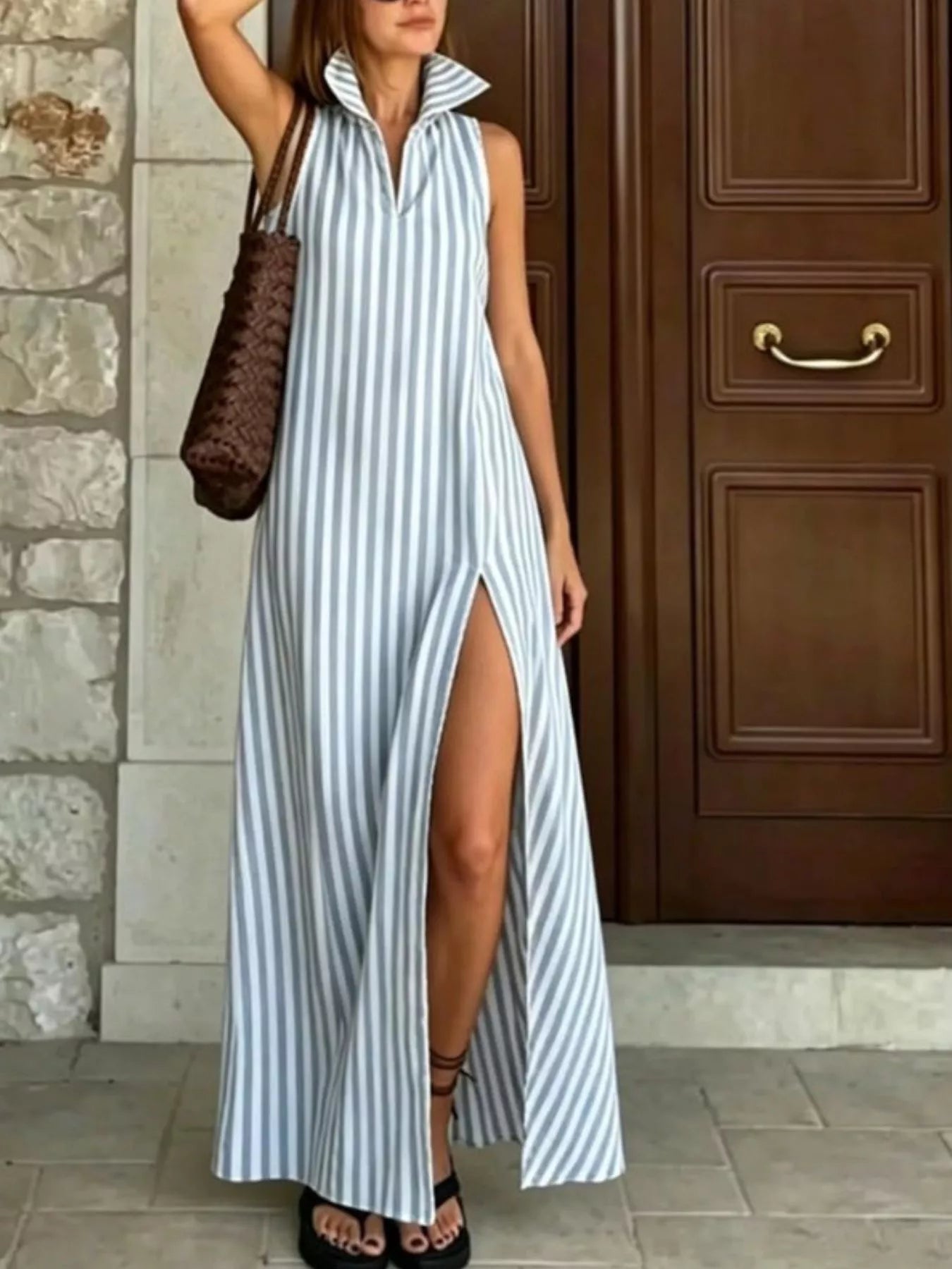 Full Size Striped Maxi Dress with High Slit Plus Size - Bitsy Gypsy Boutique