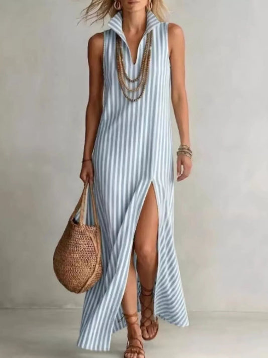 Full Size Striped Maxi Dress with High Slit Plus Size - Bitsy Gypsy Boutique