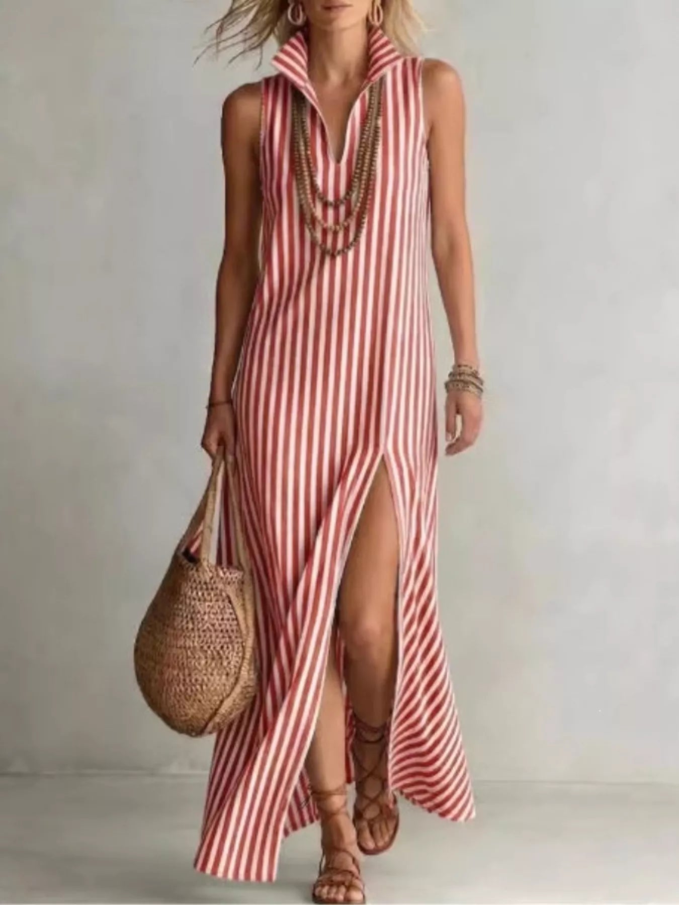 Full Size Striped Maxi Dress with High Slit Plus Size - Bitsy Gypsy Boutique