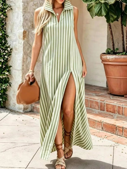 Full Size Striped Maxi Dress with High Slit Plus Size - Bitsy Gypsy Boutique