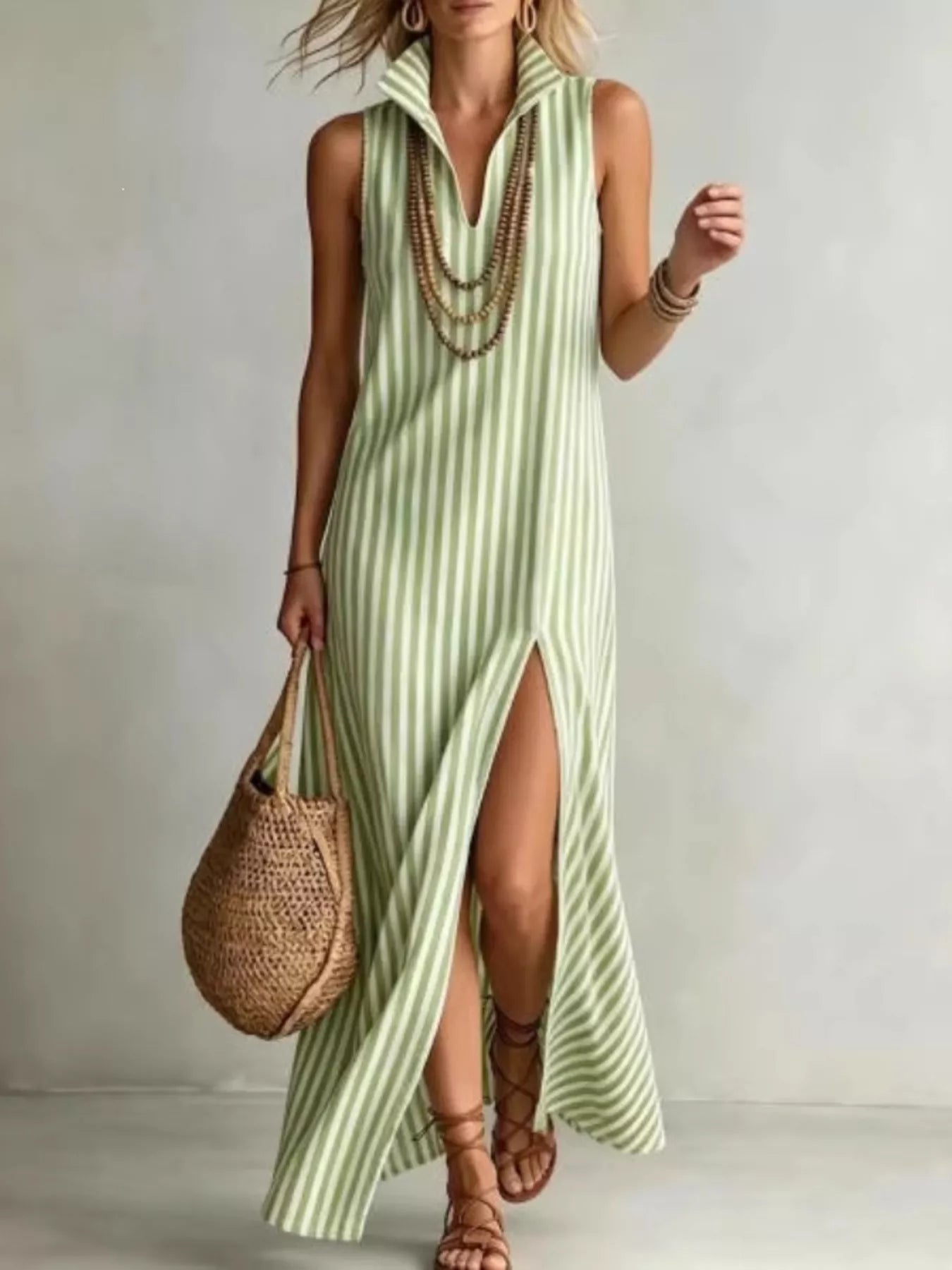 Full Size Striped Maxi Dress with High Slit Plus Size - Bitsy Gypsy Boutique