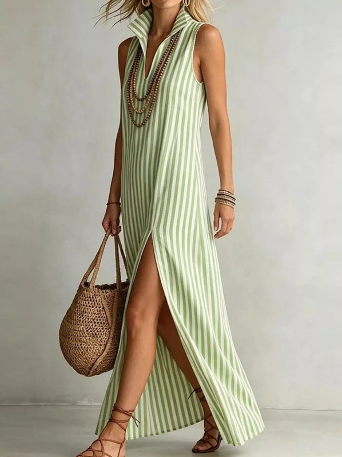 Full Size Striped Maxi Dress with High Slit Plus Size - Bitsy Gypsy Boutique