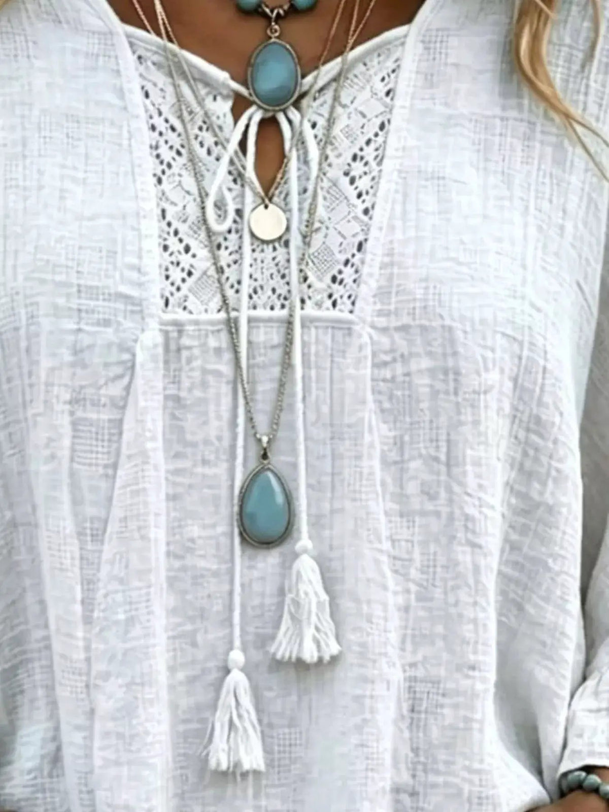Full Size Tassel Tie Neck Ruffled Hem Blouse Plus Size - Bitsy Gypsy Boutique